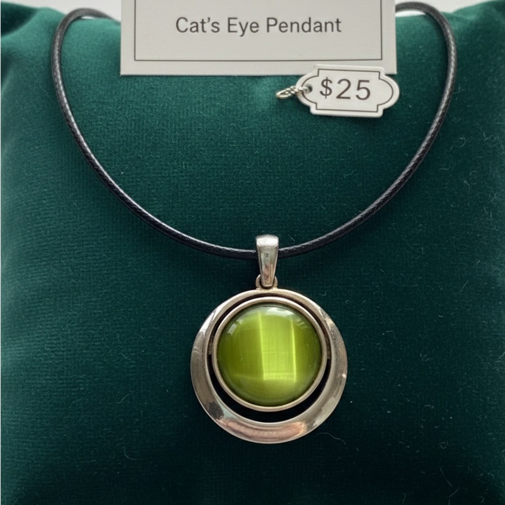 Vintage MCM Green Cat’s Eye “ Orbit” Pendant - Brushed Silver Tone